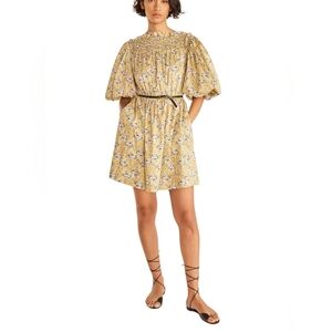 Rebecca Taylor Intaglio Rose Smocked Mini Dress Yellow Victorian Feminine Boho